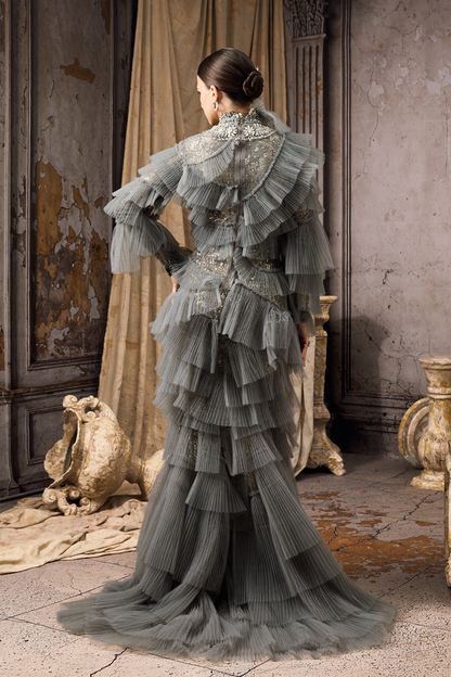 Grey Pleated Embroidered Gown