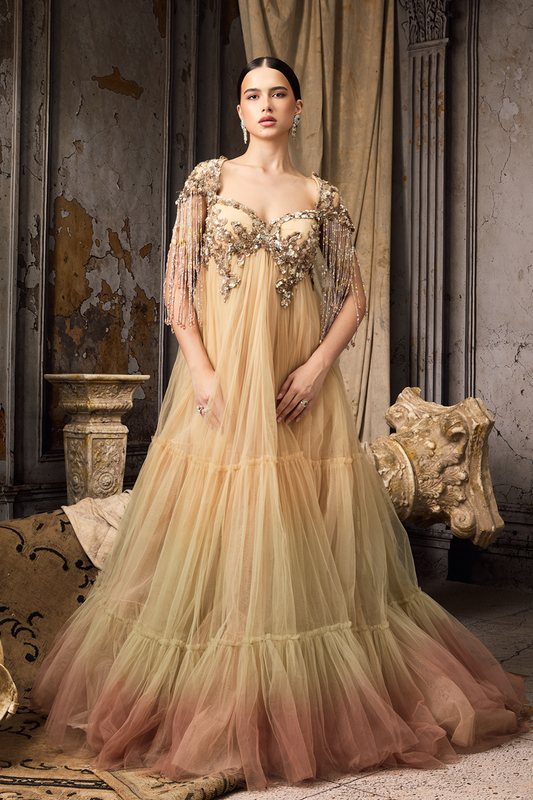 Pink & Yellow Ombre Tulle Gown