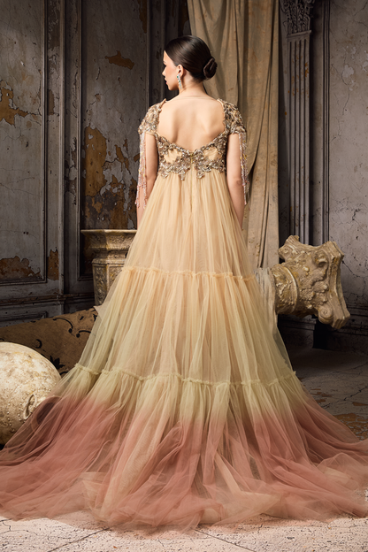 Pink & Yellow Ombre Tulle Gown