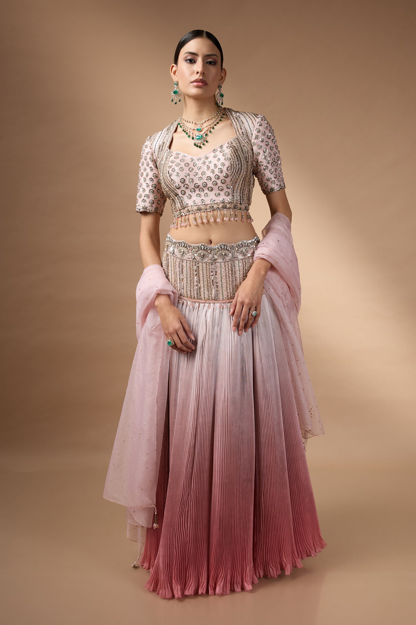 Embriodered blouse with pink ombre lehenga set