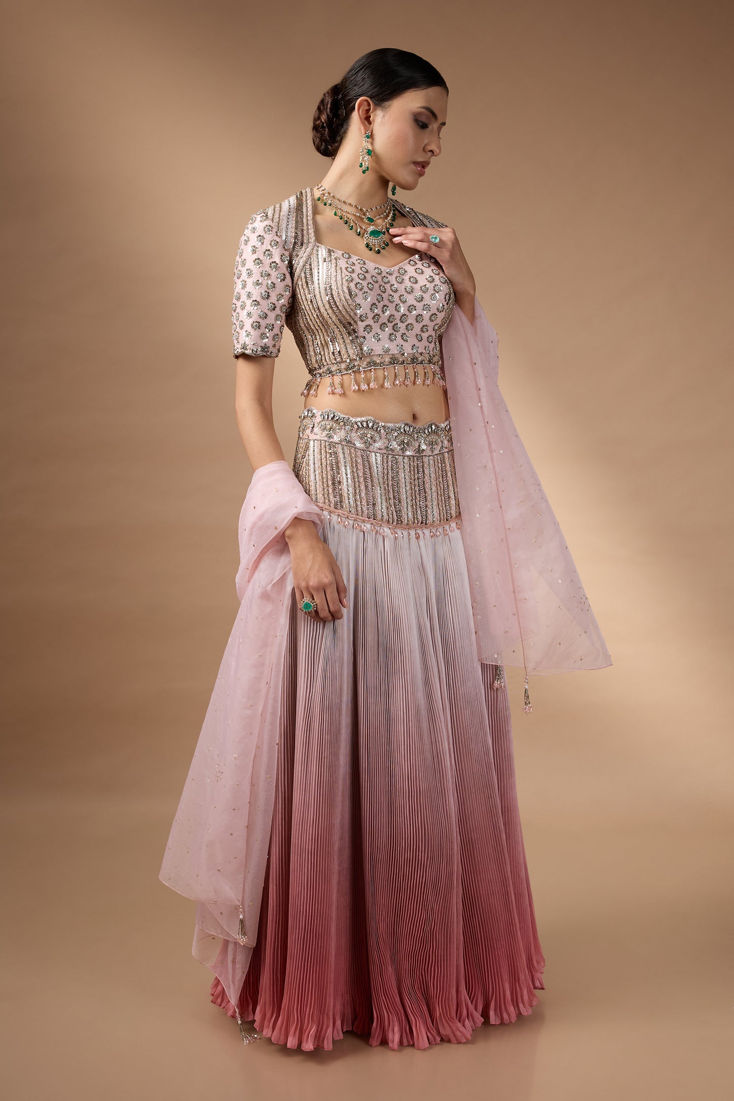 Embriodered blouse with pink ombre lehenga set