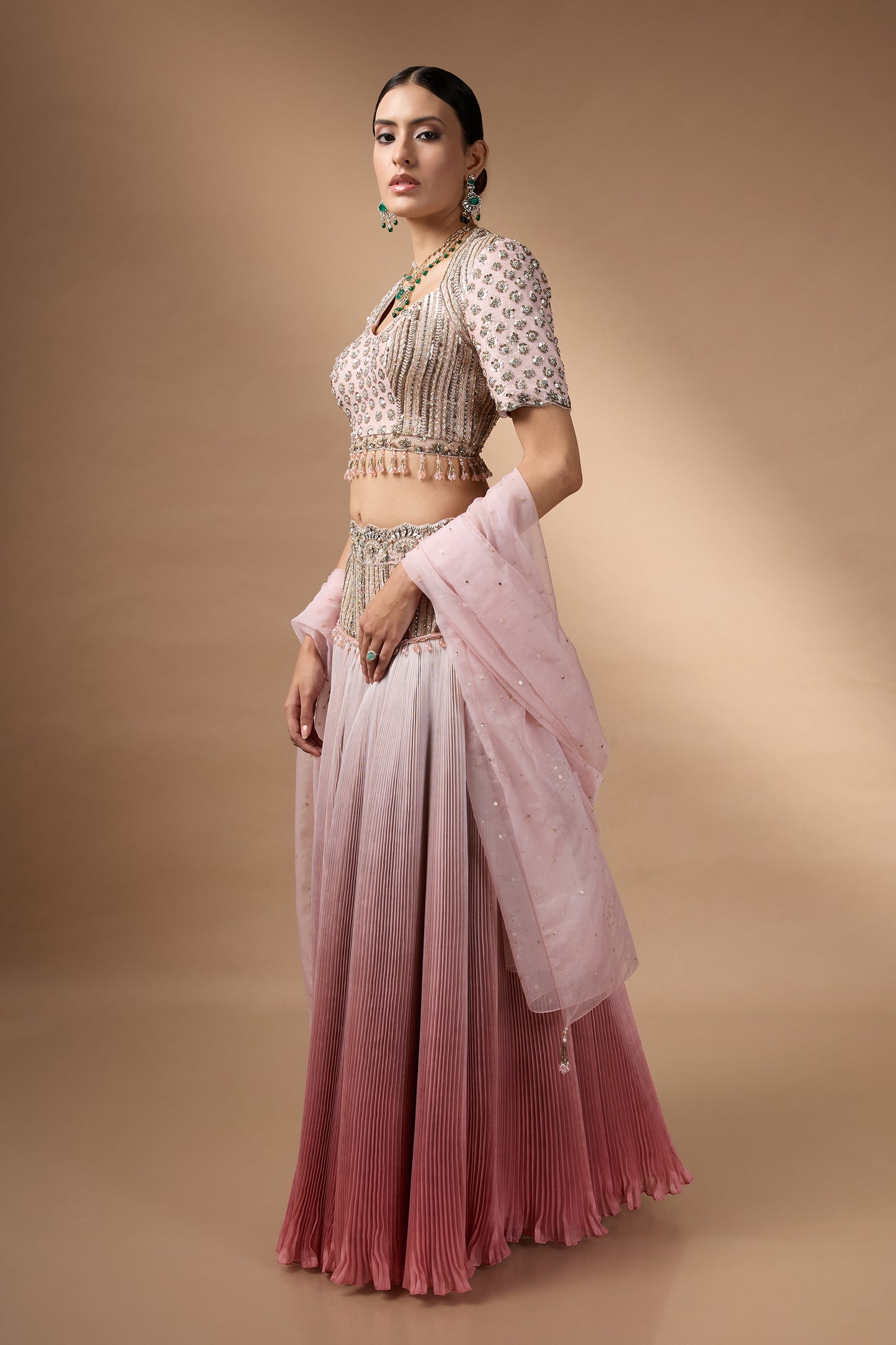 Embriodered blouse with pink ombre lehenga set