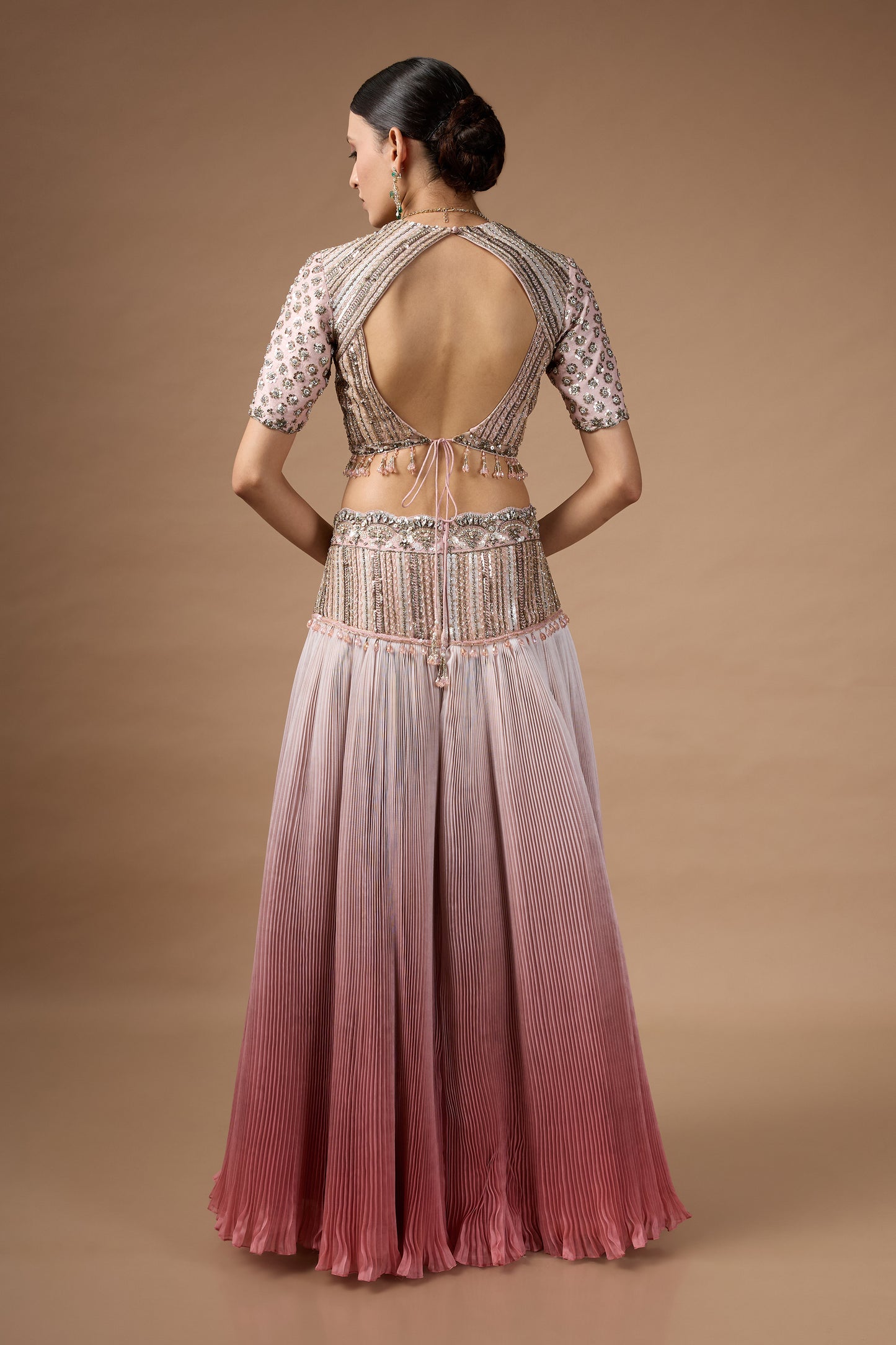 Embriodered blouse with pink ombre lehenga set