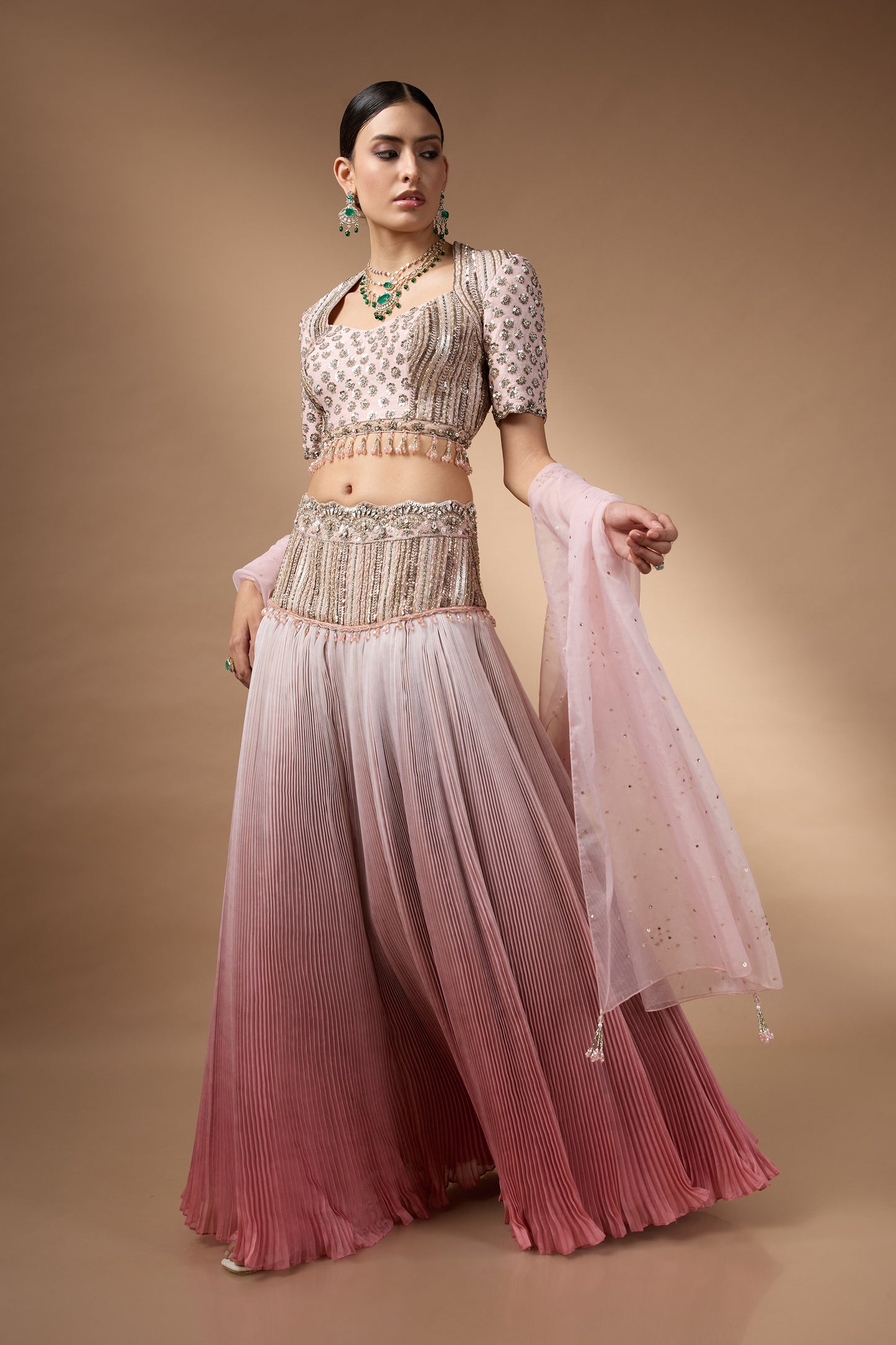 Embriodered blouse with pink ombre lehenga set