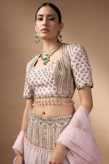Embriodered blouse with pink ombre lehenga set
