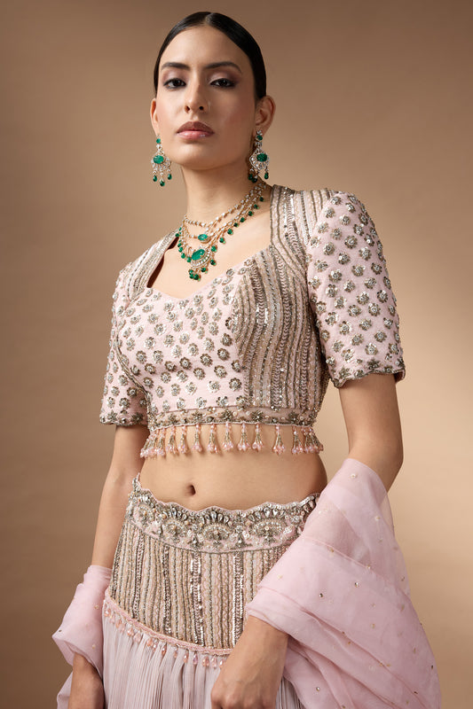 Embriodered blouse with pink ombre lehenga set