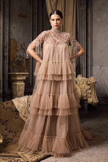 High Neck Embellished Pink Frill Gown