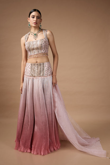 Pink sleevless embriodered blouse with lehenga set