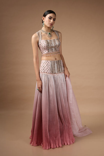 Pink sleevless embriodered blouse with lehenga set