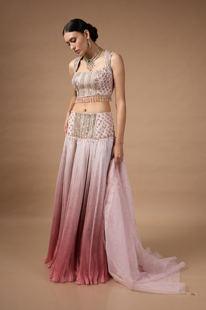 Pink sleevless embriodered blouse with lehenga set