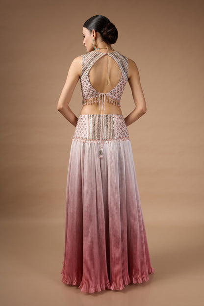 Pink sleevless embriodered blouse with lehenga set