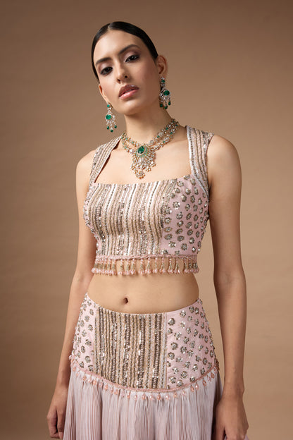 Pink sleevless embriodered blouse with lehenga set