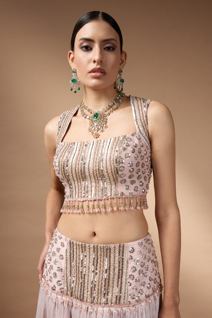 Pink sleevless embriodered blouse with lehenga set