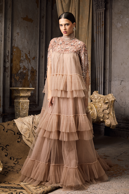 High Neck Embellished Pink Frill Gown