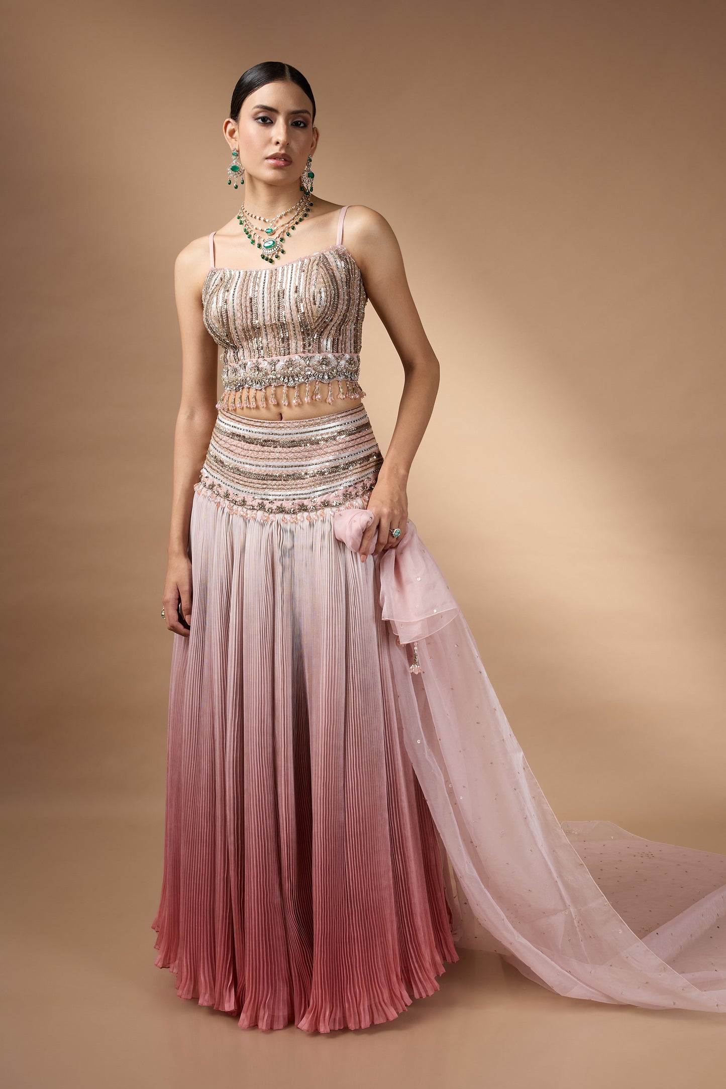 Pink embriodered blouse with lehenga set