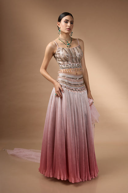 Pink embriodered blouse with lehenga set