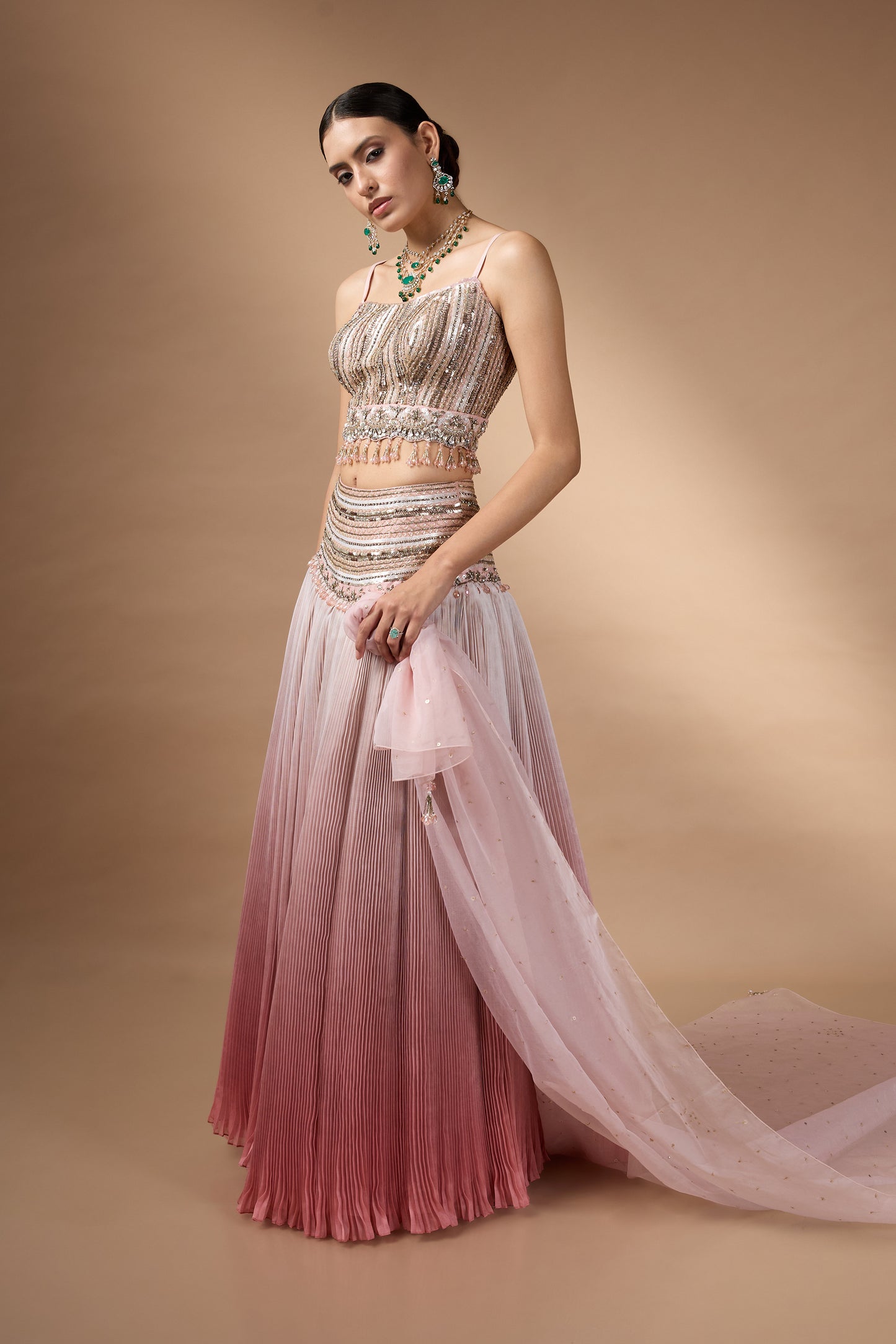 Pink embriodered blouse with lehenga set