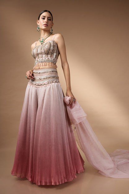 Pink embriodered blouse with lehenga set