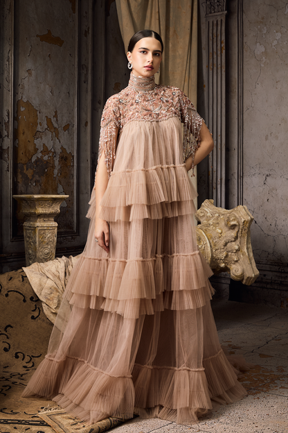 High Neck Embellished Pink Frill Gown