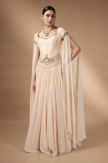Pale yellow corset with Patchwork with skirt set