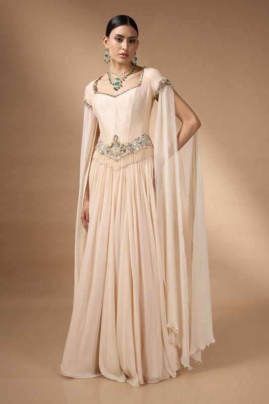 Pale yellow corset with Patchwork with skirt set