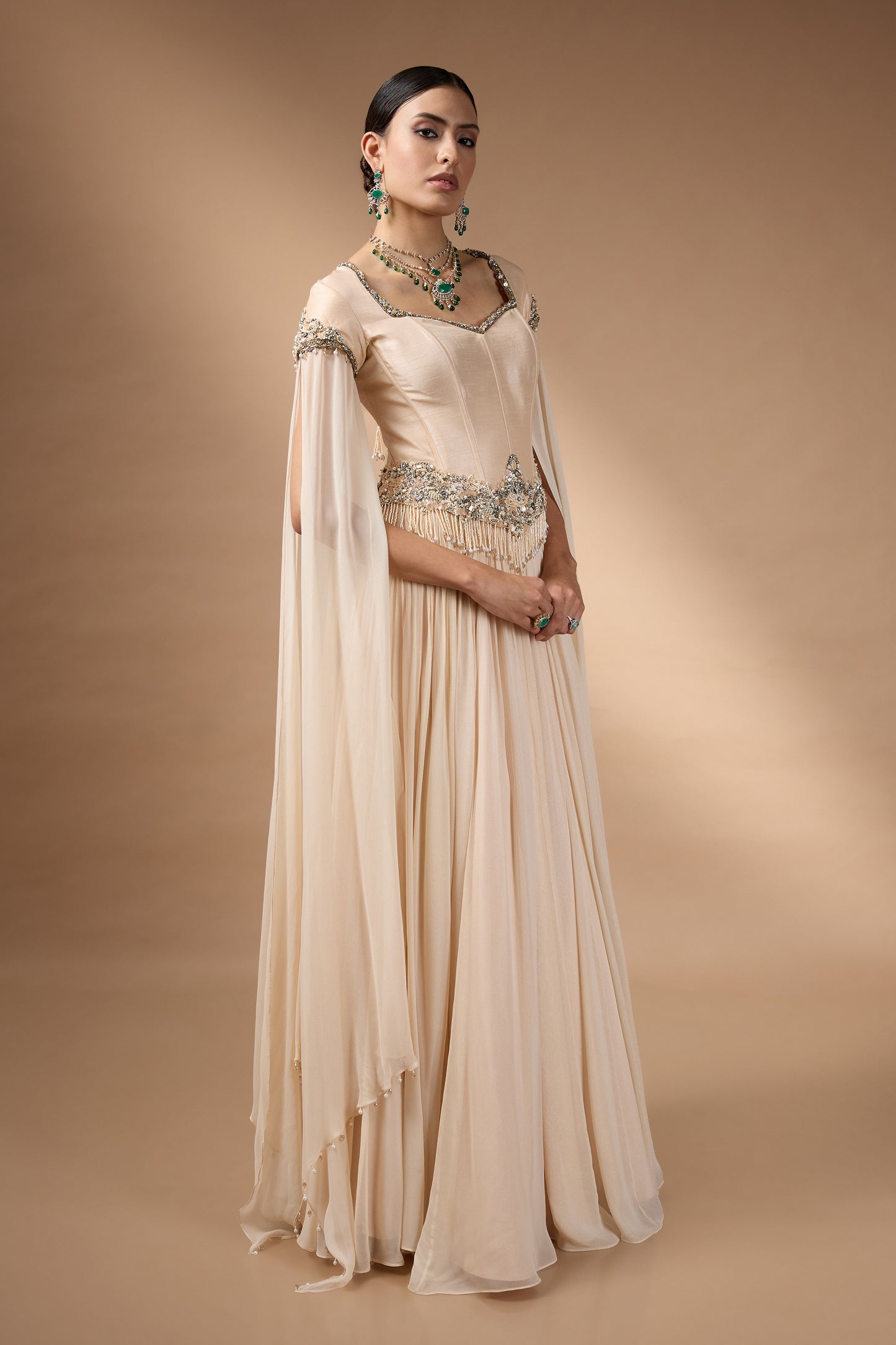 Pale yellow corset with Patchwork with skirt set