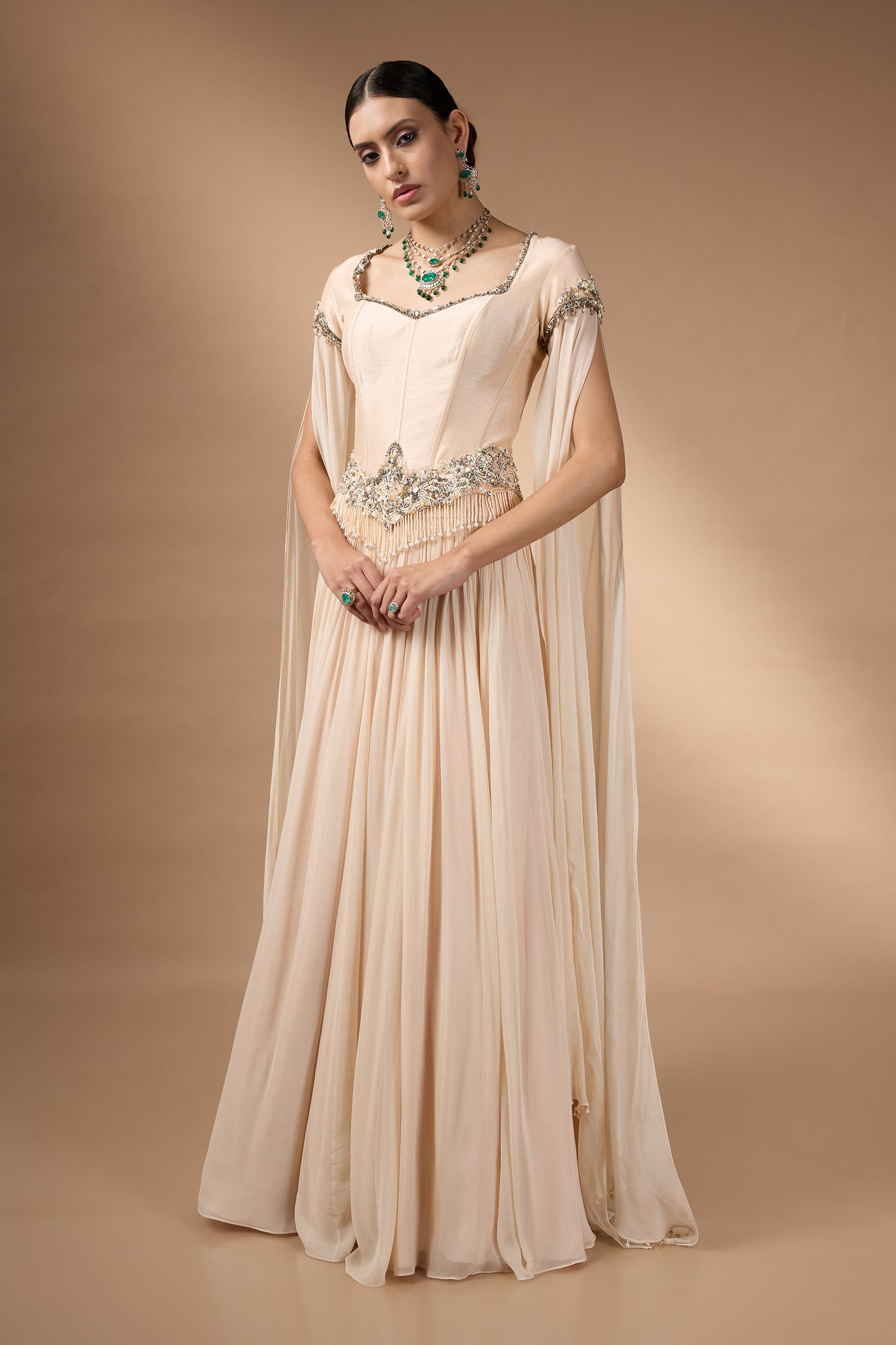 Pale yellow corset with Patchwork with skirt set