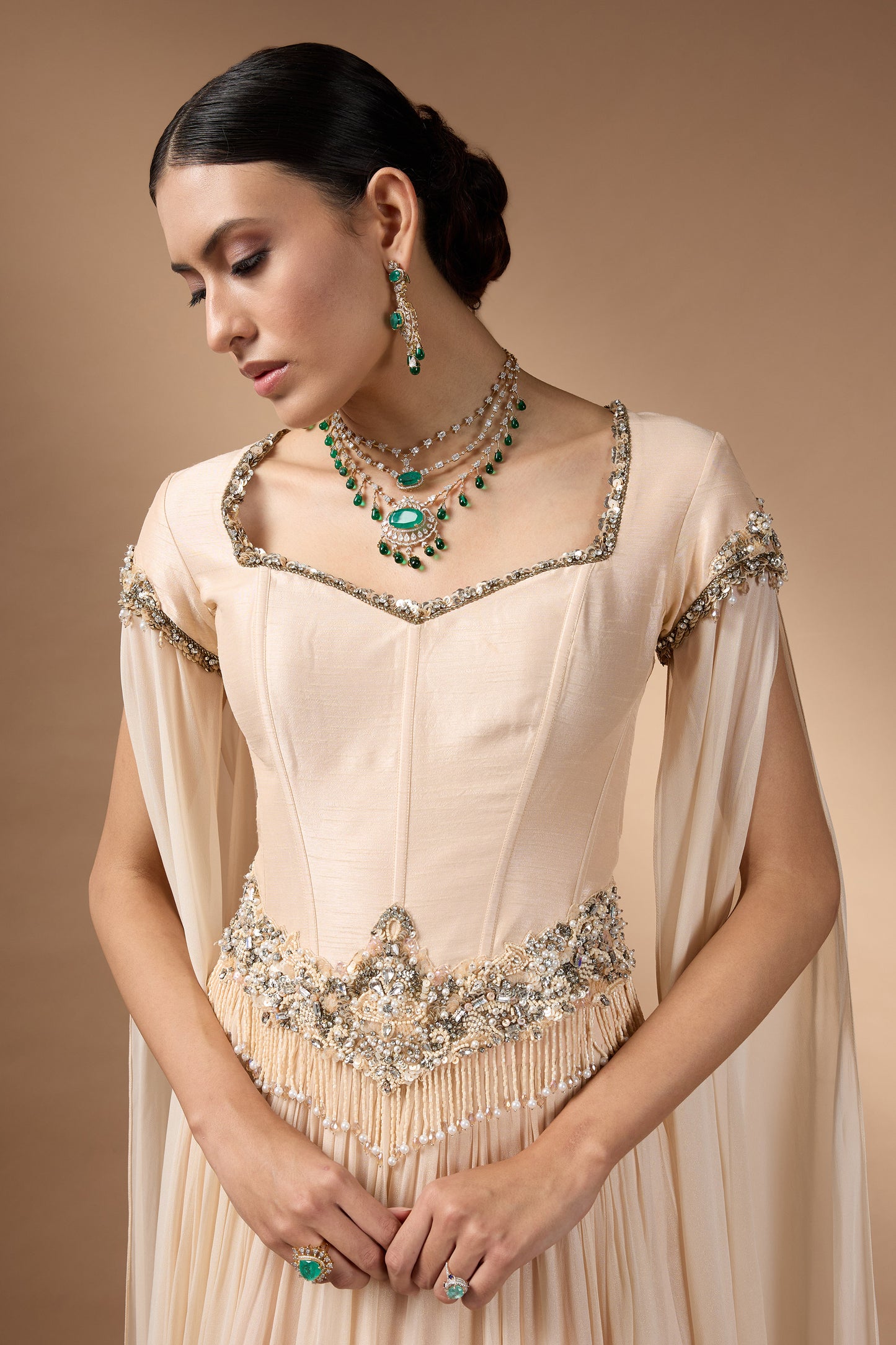 Pale yellow corset with Patchwork with skirt set