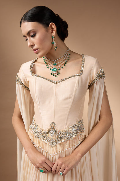 Pale yellow corset with Patchwork with skirt set