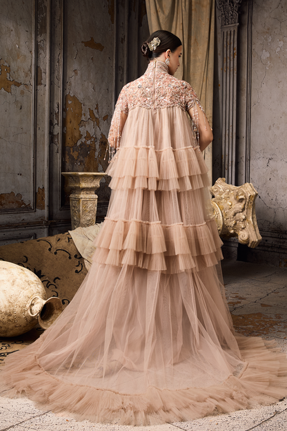 High Neck Embellished Pink Frill Gown