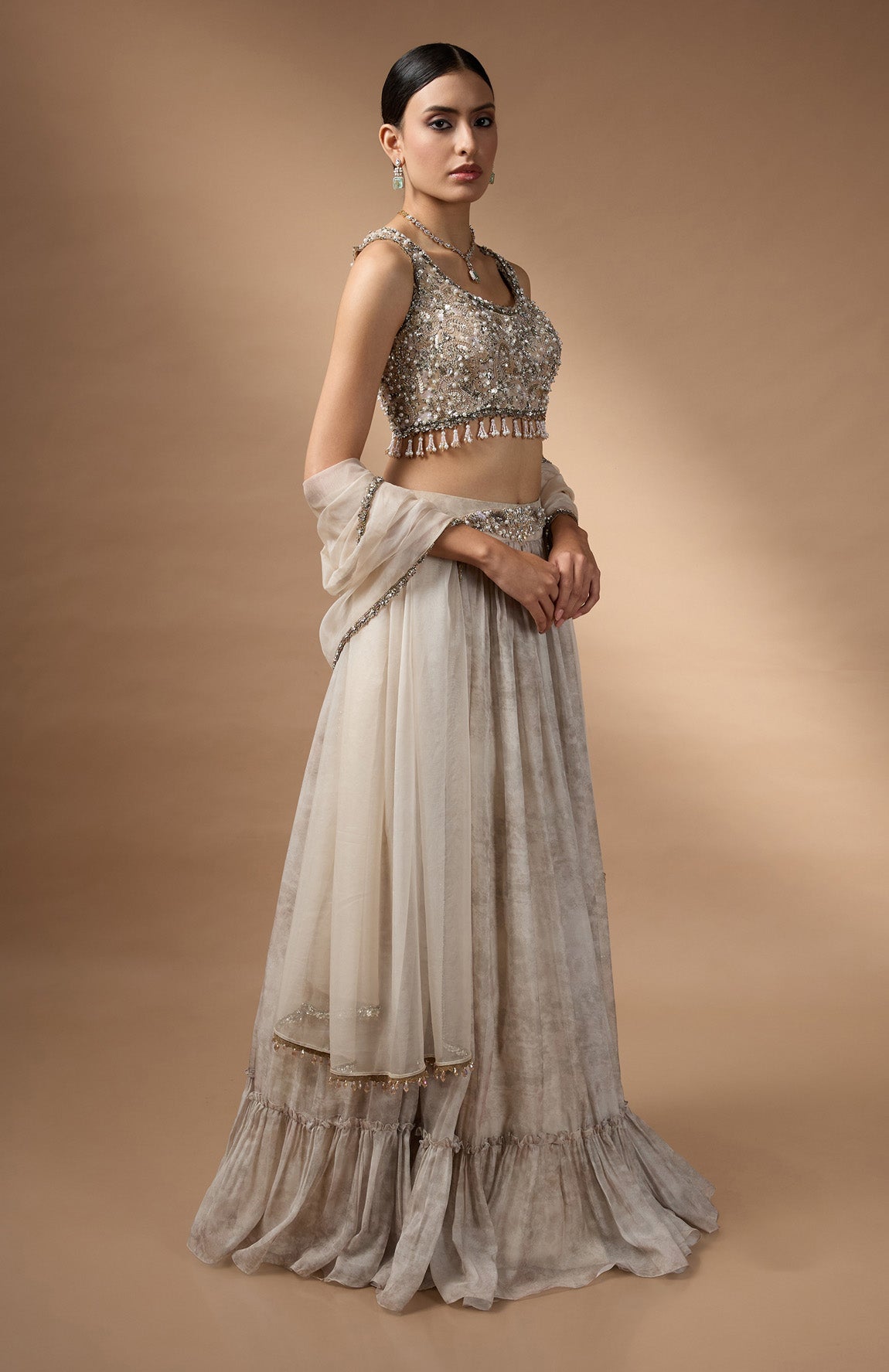 Embriodred Blouse with Light Grey printed lehenga