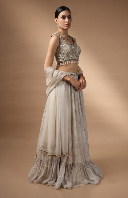 Embriodred Blouse with Light Grey printed lehenga