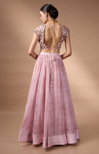Pink embriodered blouse with printed lehenga