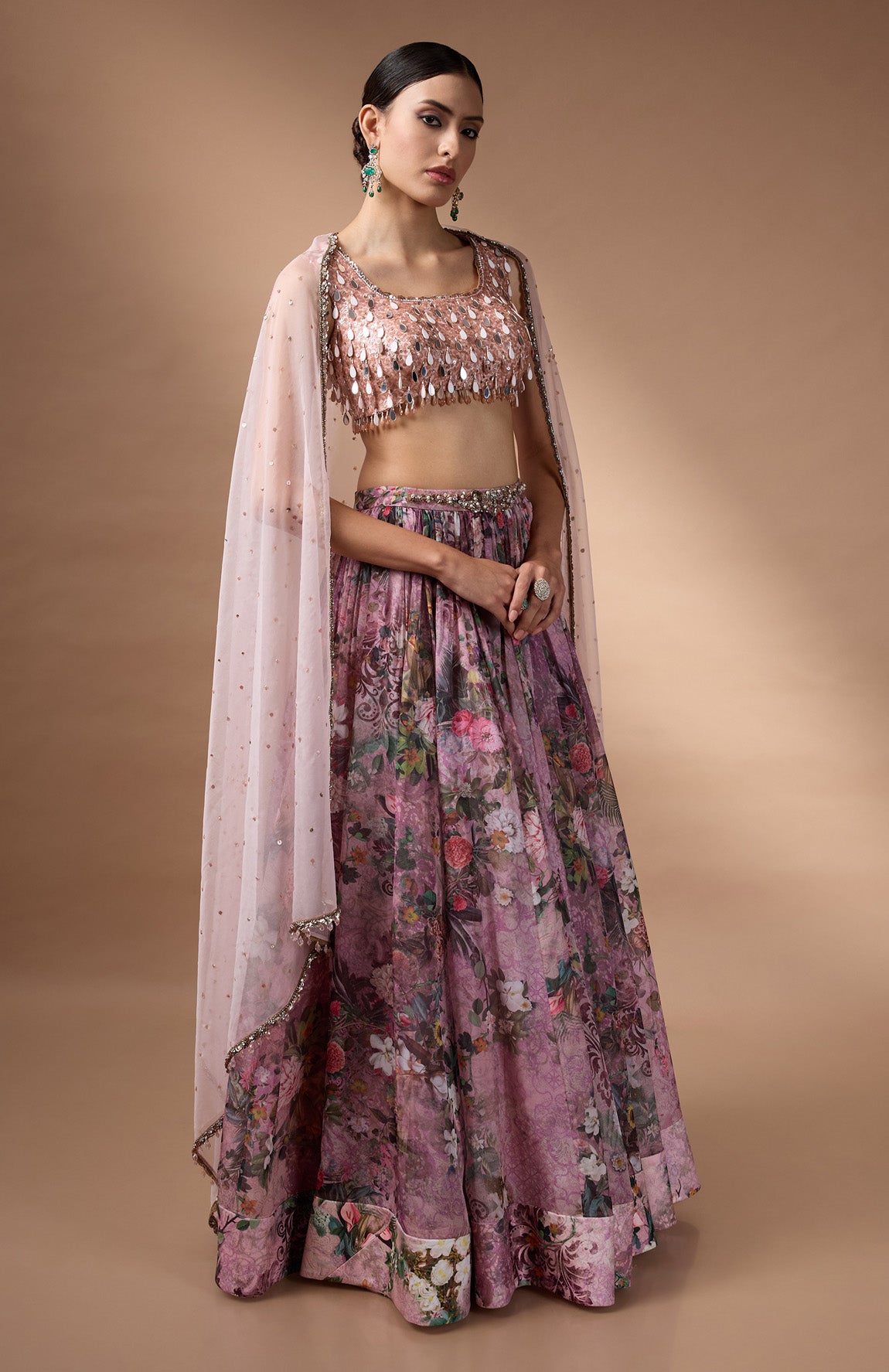 Pink Sleevless Blouse with printed lehenga