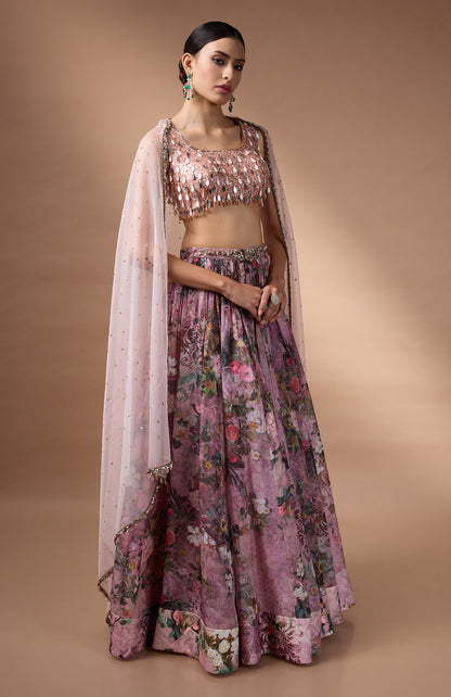 Pink Sleevless Blouse with printed lehenga