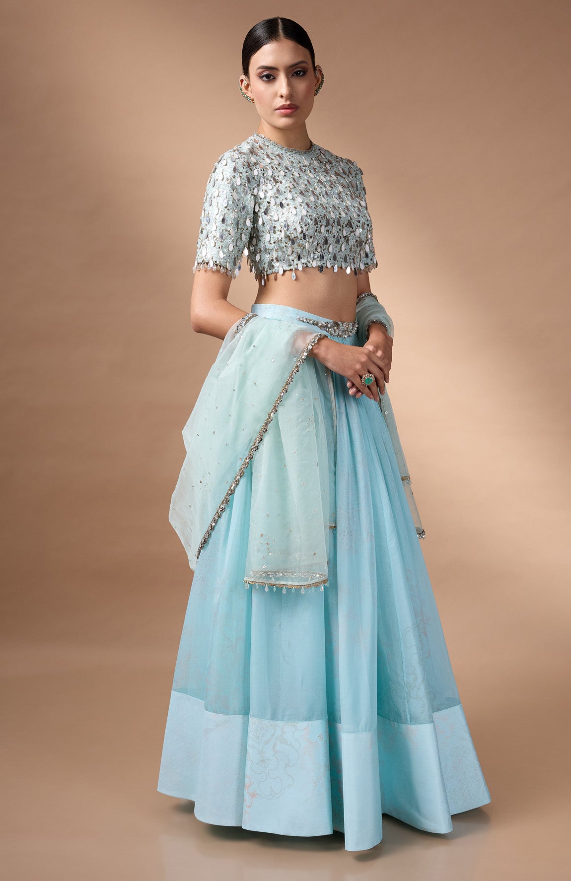 Blue embriodered blouse with printed lehenga