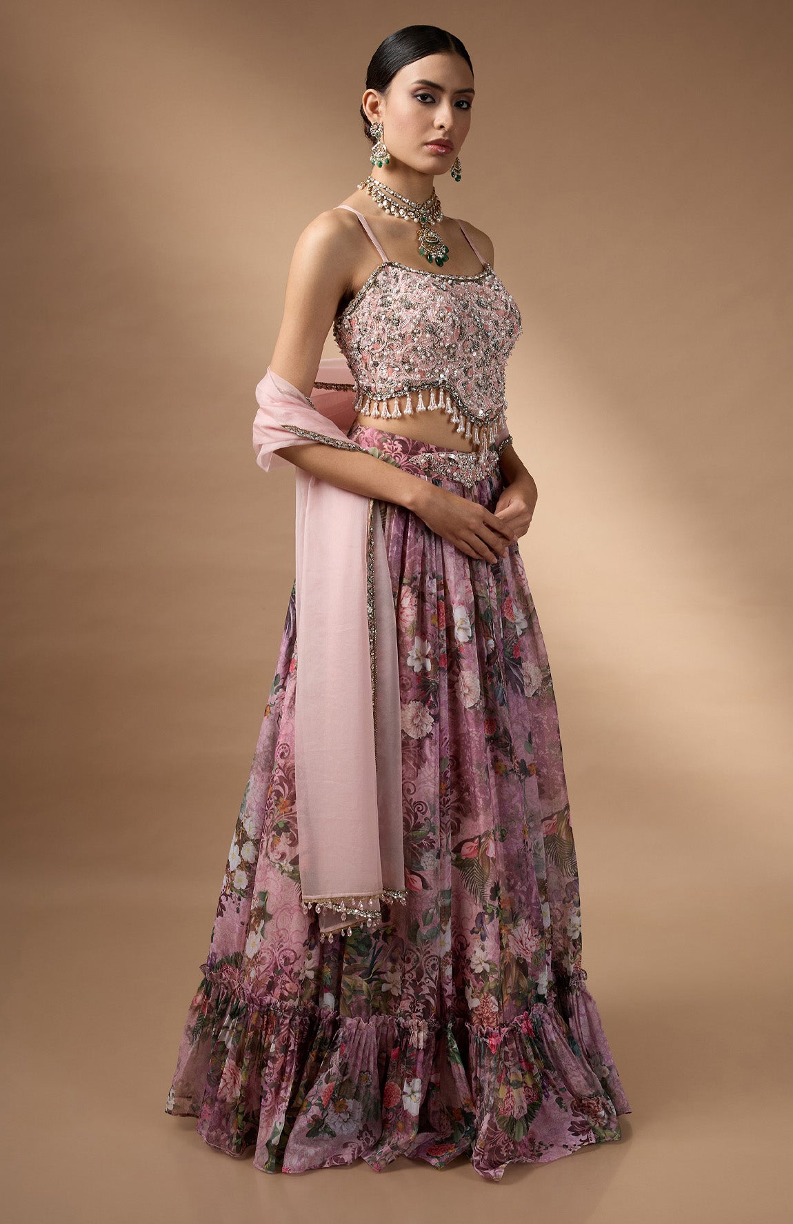 Pink Embriodered blouse with floral printed lehenga