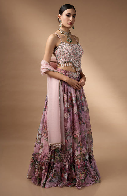 Pink Embriodered blouse with floral printed lehenga
