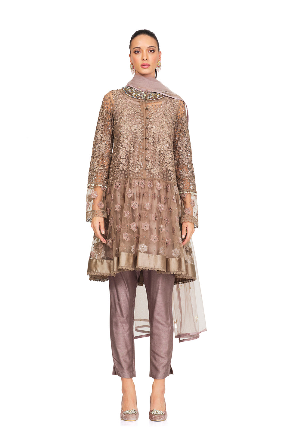 Taupe embellished tunic set