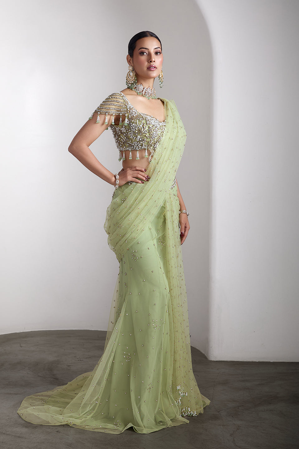 Green drapped saree set
