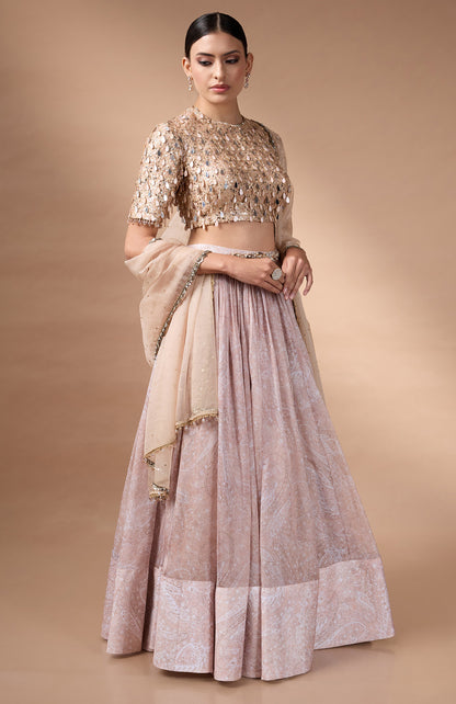 Beige embriodered blouse with printed lehenga
