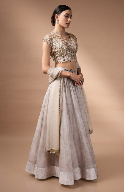Ivory embriodered blouse with printed lehenga