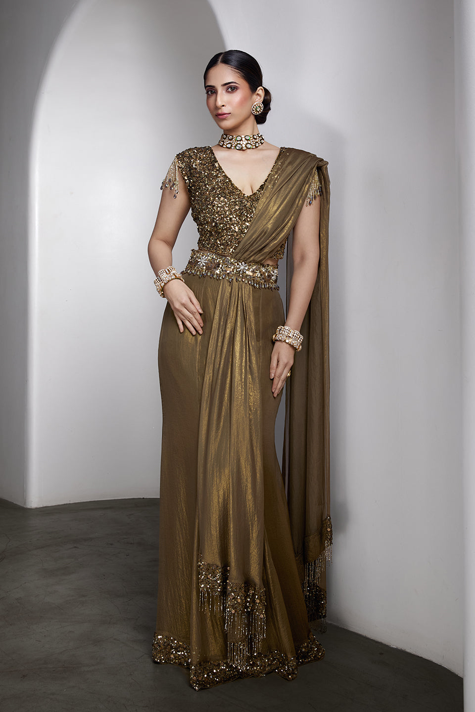 Olive-gold drapped saree set