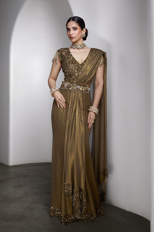 Olive-gold drapped saree set