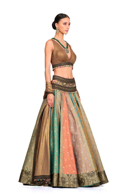 Brocade Lehenga with Organza V neck Blouse