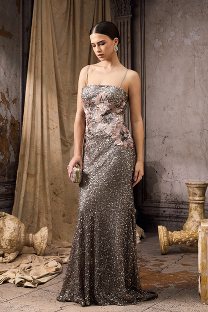 Grey Sequin Embroidered Gown