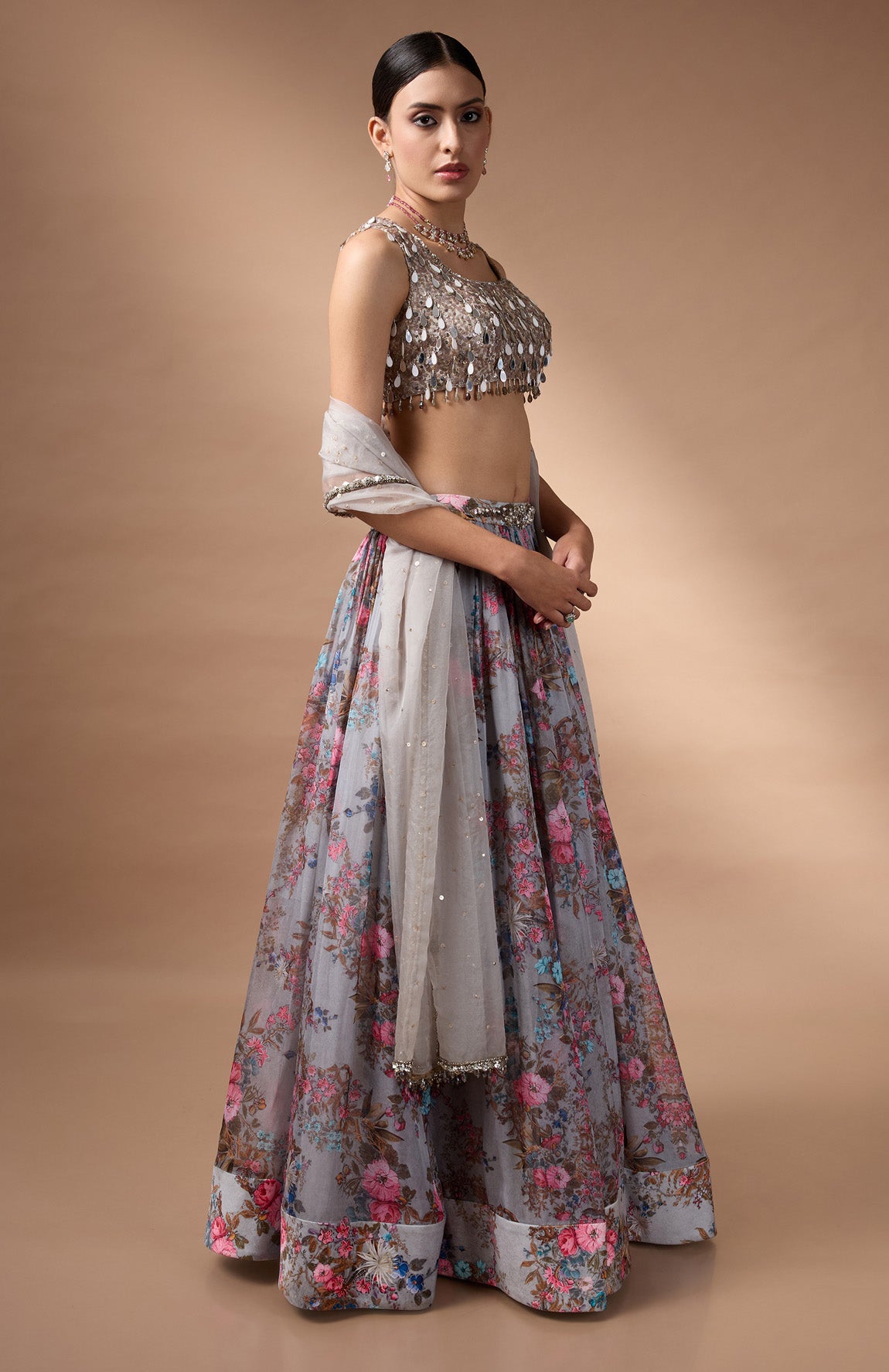 Grey Sleevless Blouse with printed lehenga