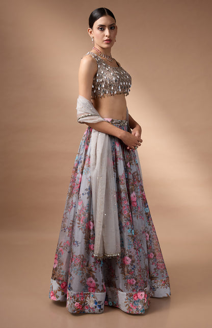 Grey Sleevless Blouse with printed lehenga