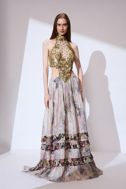 Halterneck embroidered long dress