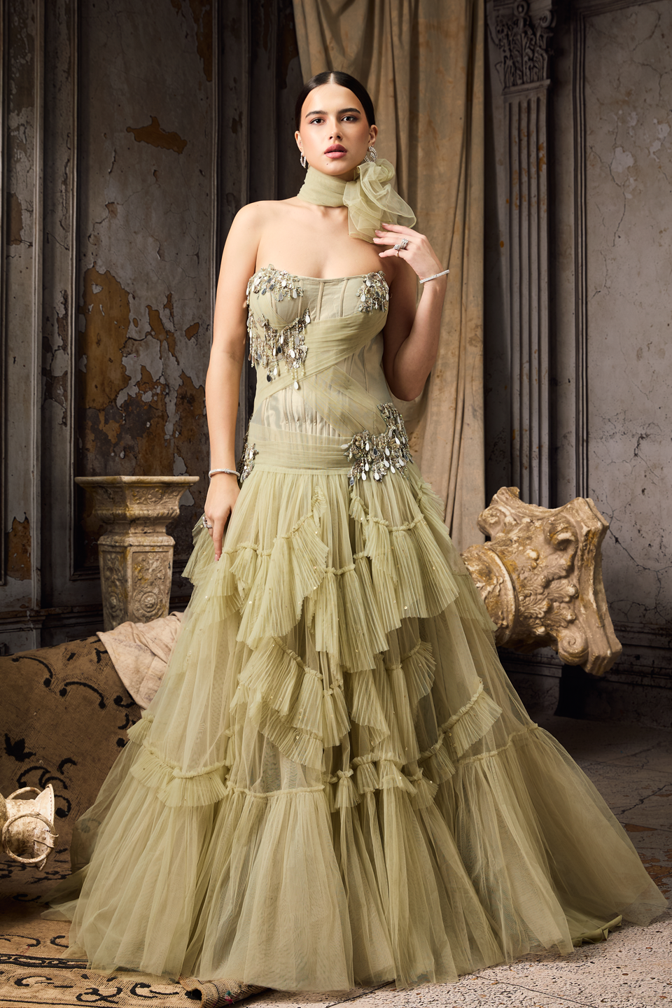 Green Pleated Corset Fit Gown